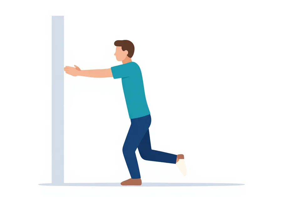 Illustration : Debout face à un mur, les mains en appui léger, en équilibre sur une jambe légèrement fléchie, l’autre pied décollé en arrière