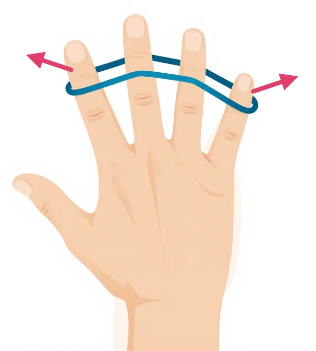 Illustration : Main vue de dos, un élastique fin passé autour des quatre doigts longs, les doigts s’écartent contre la résistance