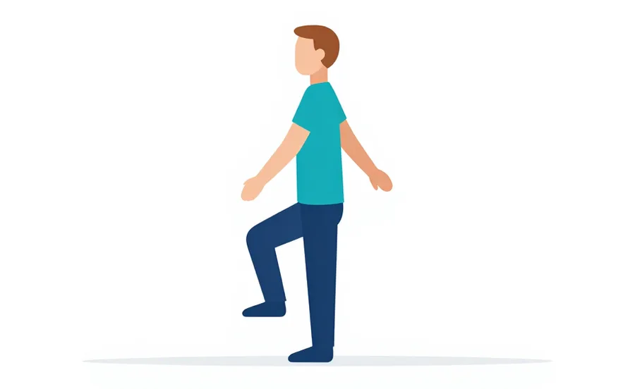 Illustration : debout sur un pied près d'une chaise, l'autre pied levé.
