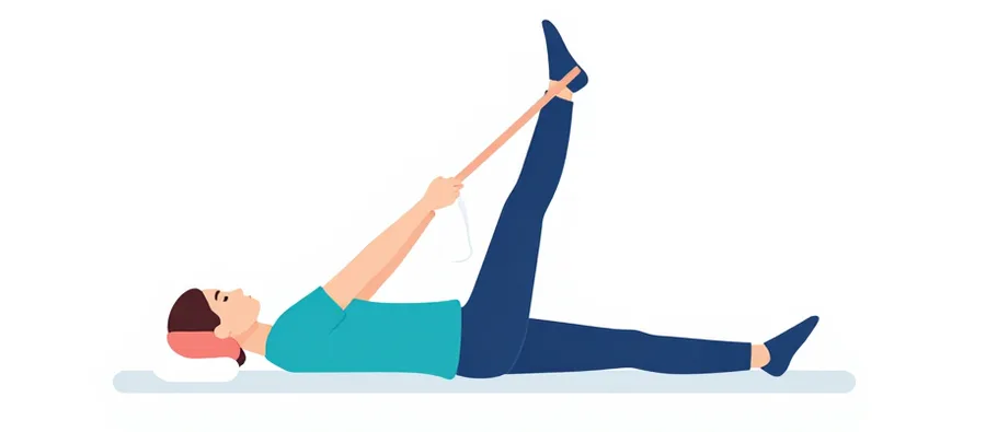 Illustration : Allongé sur le dos, une jambe levée tendue tenue avec une serviette passée sous le pied, l’autre jambe tendue au sol