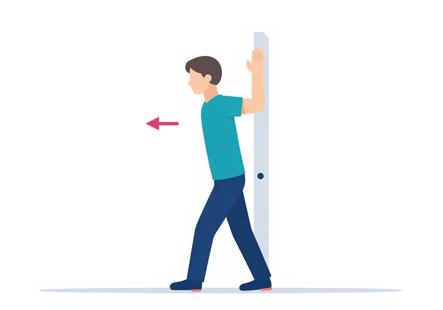 Illustration : debout dans un encadrement de porte, avant-bras appuyés, le buste avance doucement.