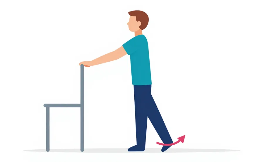 Illustration : Debout, les mains sur le dossier d’une chaise, une jambe tendue vers l’arrière, le tronc droit
