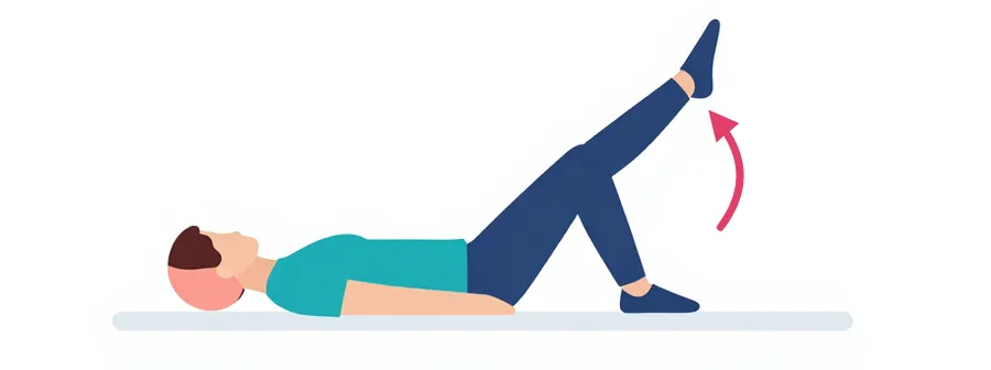 Illustration : Allongé sur le dos, une jambe pliée pied au sol, l’autre jambe tendue soulevée à 45 degrés