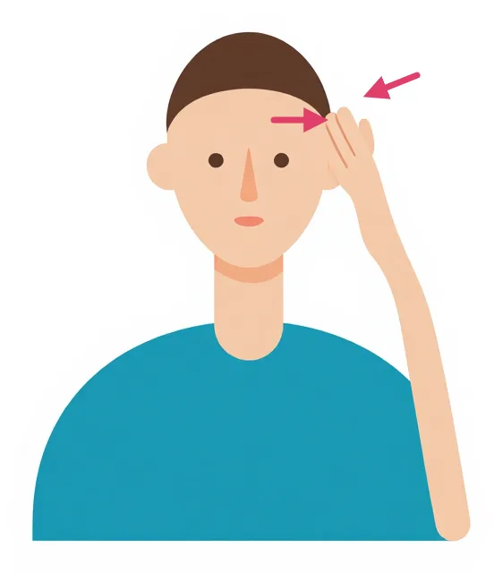 Illustration : Assis, vu de face : une main posée à plat sur le côté de la tête, la tête pousse contre la main sans bouger