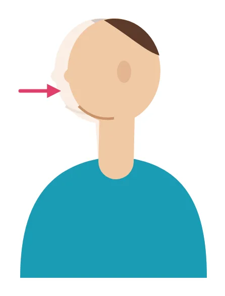 Illustration : Assis dos droit, vu de profil : la tête recule en rentrant le menton, sans pencher la tête (double menton)