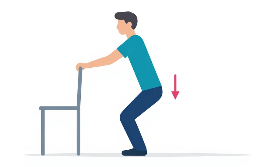 Illustration : Debout derrière une chaise, les mains sur le dossier, les genoux légèrement fléchis (demi-squat), le dos droit