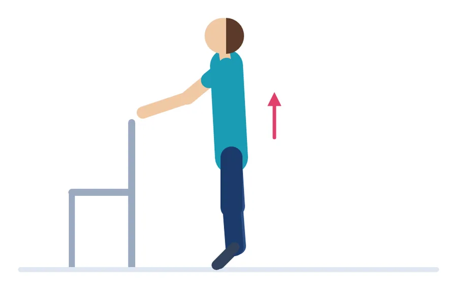 Illustration : debout, mains sur un dossier, on monte sur la pointe des pieds.