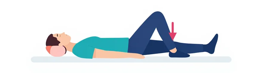 Illustration : Allongé sur le dos, une jambe tendue avec un petit coussin roulé sous le genou, la cuisse contractée pour écraser le coussin