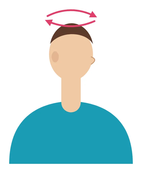 Illustration : Assis dos droit, vu de face : la tête tourne lentement d’un côté puis de l’autre