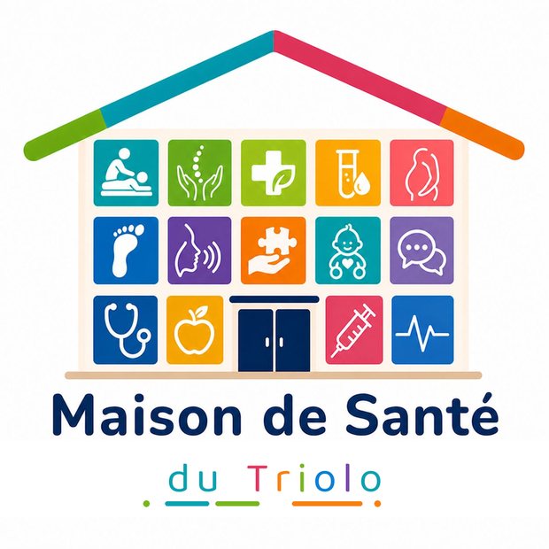 Logo de la Maison de Santé du Triolo : une maison dont le toit est un arc-en-ciel, abritant une grille de pictogrammes de santé colorés.