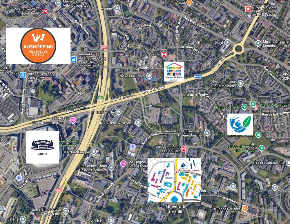 Plan du quartier Triolo situant la Maison de Santé du Triolo, la station de métro Triolo, le centre commercial V2 Aushopping et les grands axes routiers.